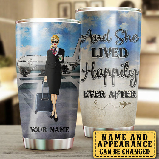 Personalized Flight Attendant And She Lived Happily Ever After Tumbler