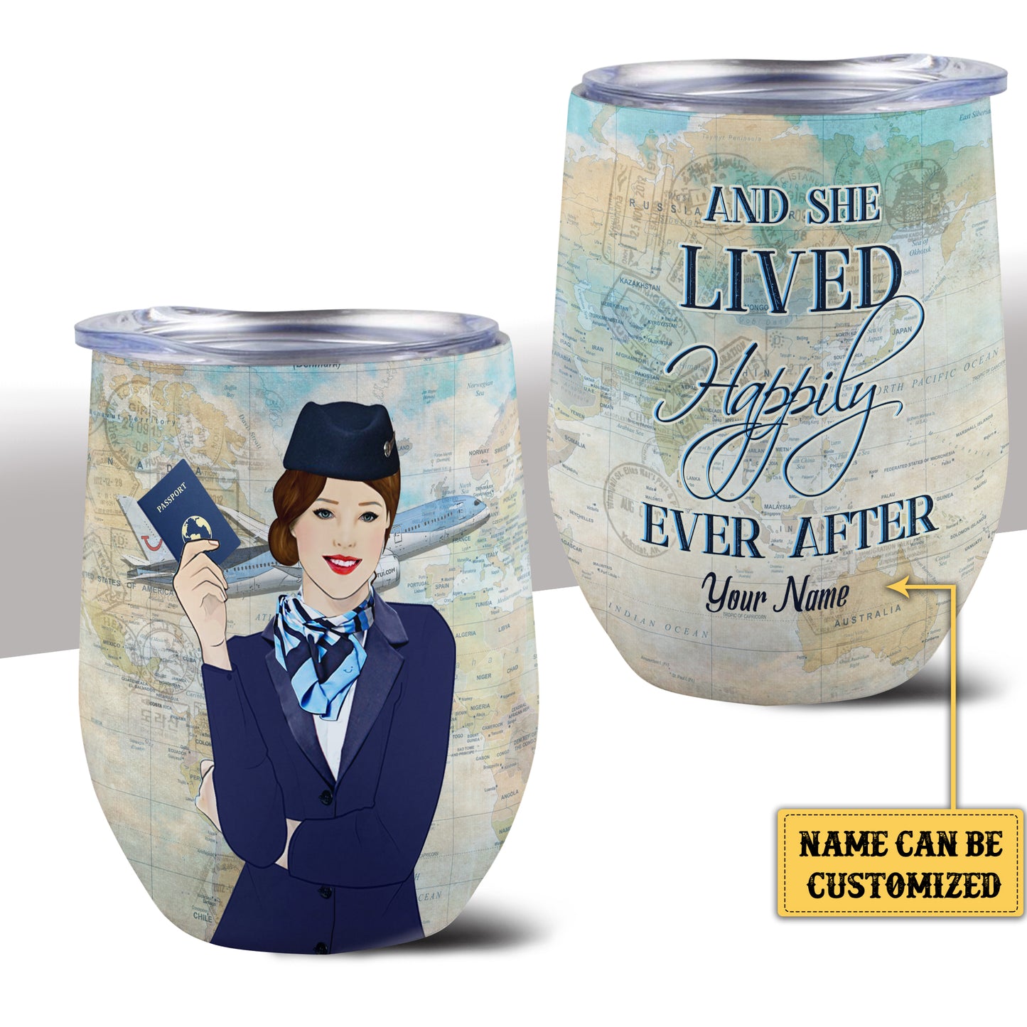 Personalized And She Lived Happily Ever After Flight Attendant Wine Tumbler