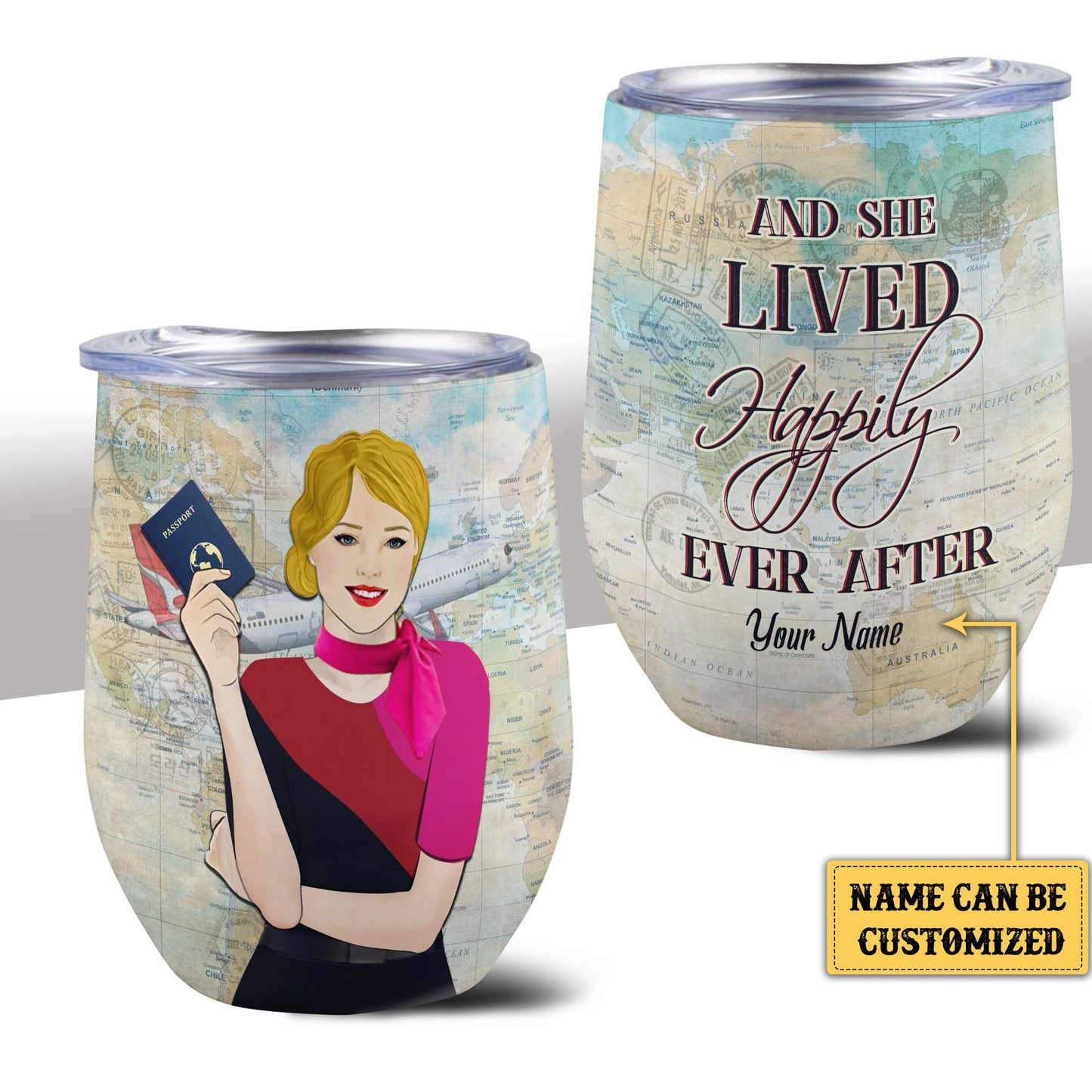 Personalized And She Lived Happily Ever After Flight Attendant Wine Tumbler