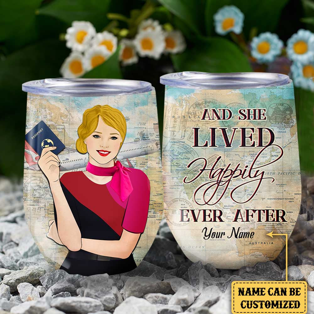 Personalized And She Lived Happily Ever After Flight Attendant Wine Tumbler