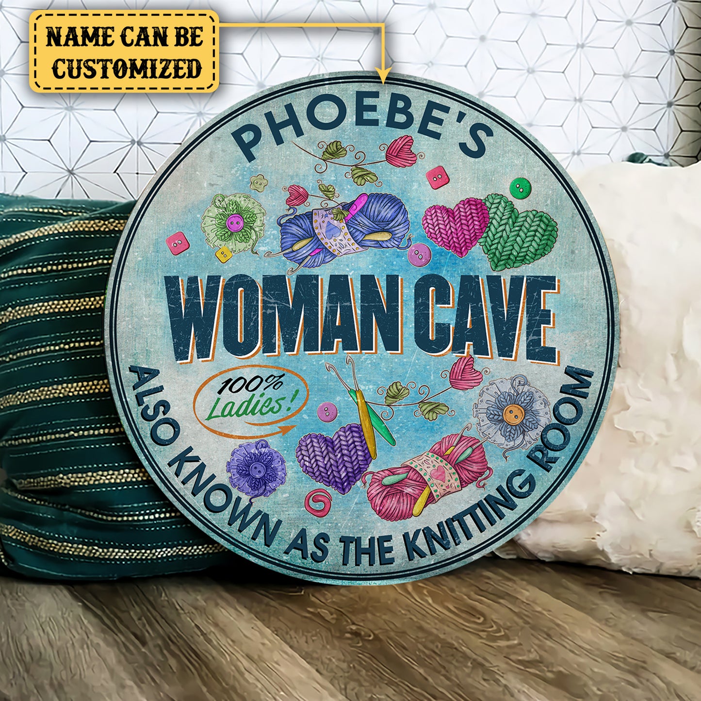 Personalized Woman Cave As Know As Knitting Room Wood Round Sign