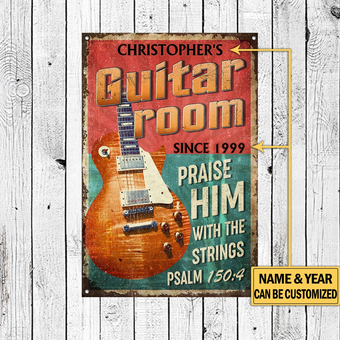 Personalized Guitar Room Praise Him With The Strings Metal Sign