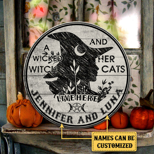 Personalized A Wicked Witch And Her Cat Live Here Pallet Wood Circle Sign